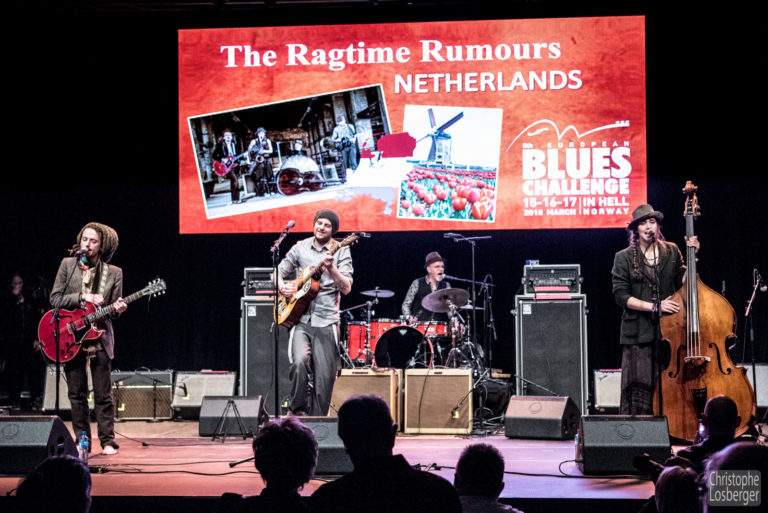Tom Janssen (acoustic guitar, vocals), Niki van der Schuren (upright-bass), Sjaak Korsten (drums, washboard), Thimo Gijezen (guitar). The Ragtime Rumours (NL) @ EBC, 8th European Blues Challenge 2018, Hell (Norway), 16-17.03.2018. Winners of the EBC2018. (c) Christophe Losberger
