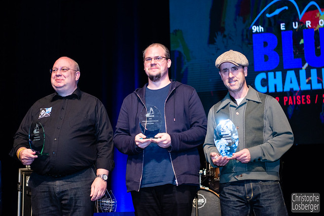 Dirk Föhrs, director and editor of German Bluesnews Magazine (BBS Award Media), award collected by Timon Menge (Bluesnews). Erkan Özdemir owner of Lowtone Music (Germany, BBS Award Production), award collected by Peter Buhl (Crosscut Blues Association). Carlos Malles, director of Hondarribia Blues Festival (BBS Award Promotion). @ BBS Awards (Blues Behind the Scenes), EBC, 9th European Blues Challenge 2019, Ponta Delgada, Sao Miguel, Azores (Portugal), 05-06.04.2019. (c) Christophe Losberger