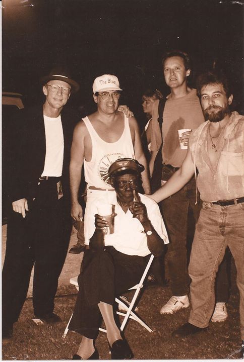 Dan Electro & The Silvertones (Mike Shannon, vocals and harmonica, Gary Guzzardo, drums, Burt Engelsman, bass and Danny Toler, guitar) with Pinetop Perkins at the 1993 Sarasota Blues Fest.